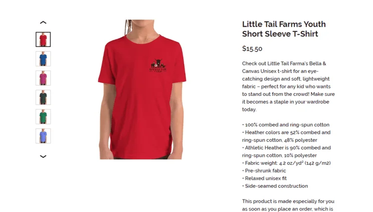 Product description for a Little Tails Farm t-shirt