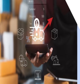 Person holding a tablet with floating images around it to reflect them weighing up shipping fees