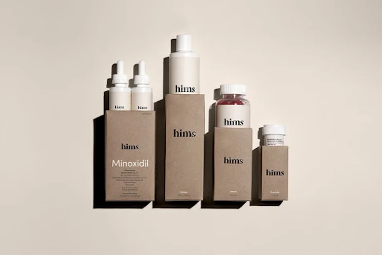 Product photo of Hims products with bottles lined up in a row