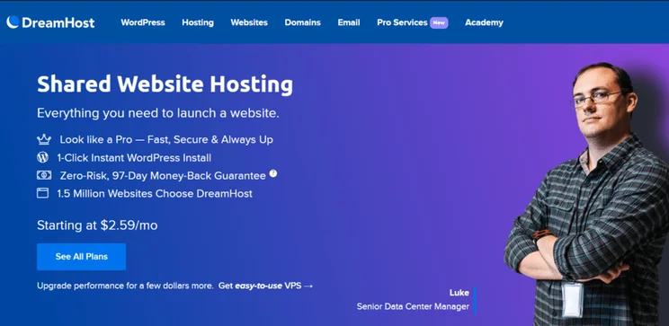 DreamHost shared hosting overview page with summary and man with crossed arms on purple gradient background