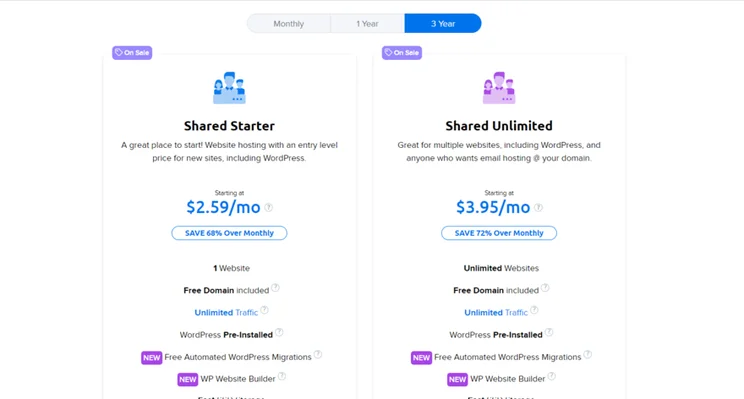 DreamHost's two shared hosting plans with small feature summaries and prices