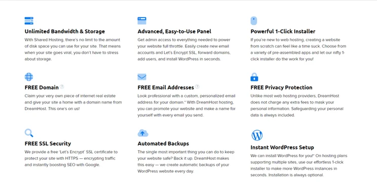 page of dreamhost's shared hosting features with small blue icons above each one