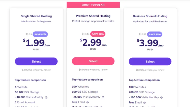Hostinger's three shared plans with prices and purple and pink buttons