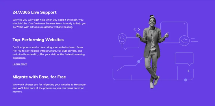 Hostinger shared plans features on purple background with greyscale happy women adjacent