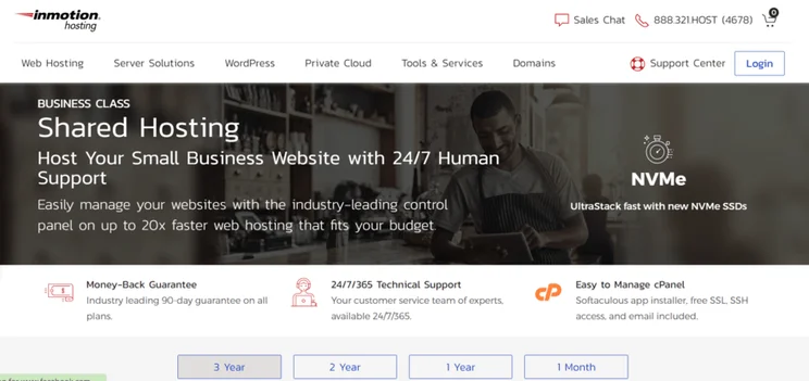 InMotion shared hosting overview with white text over man at cafe