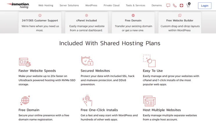 InMotion hosting features with red line art icons