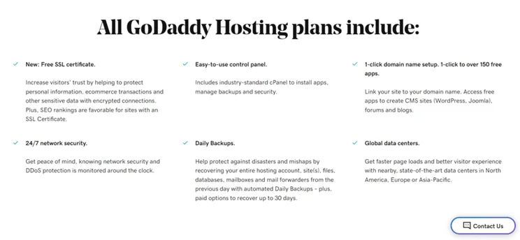 Feature summary page of what's included across all GoDaddy hosting plans