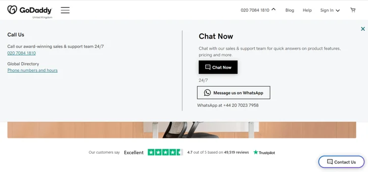 GoDaddy support page with call us and chat now options