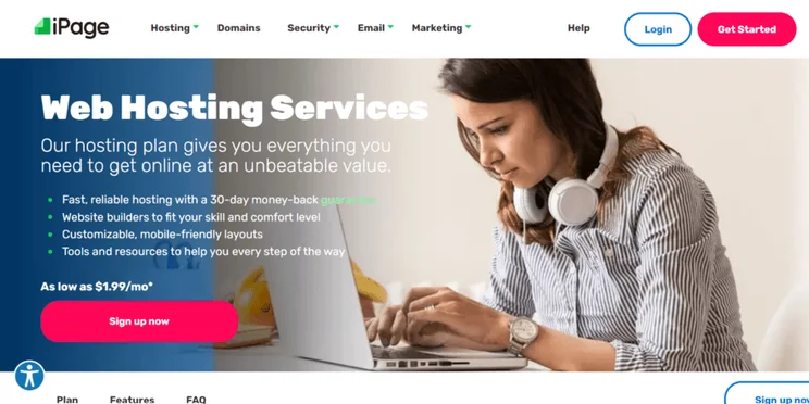ipage hosting overview page with women on laptop with headphones around neck