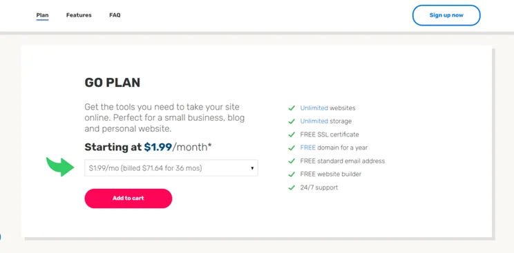 ipage Go plan summary with pink CTA and green arrow