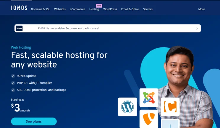 IONOS shared hosting overview with blue background and smiling man to left with various software icons overlayed onto his shoulder