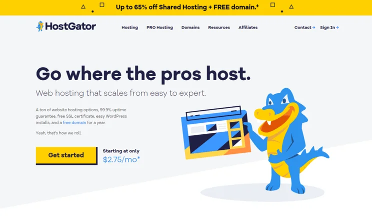 HostGator homepage featuring small bio and cartoon alligator mascot