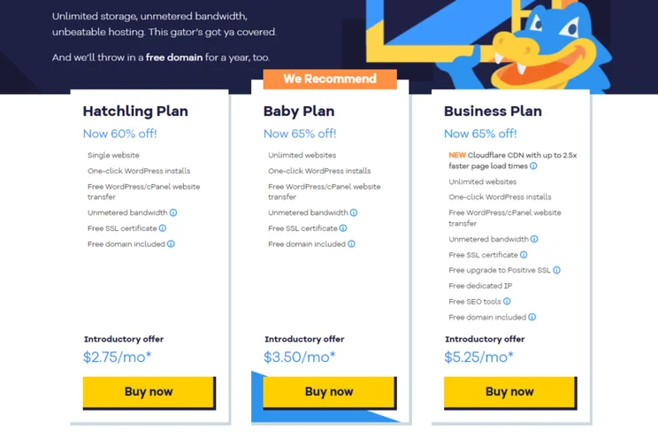 HostGator's three shared shared hosting plans with small summaries and prices