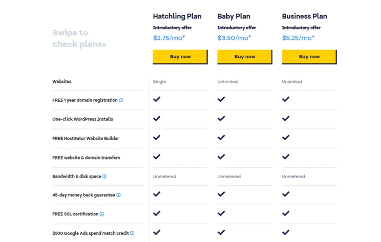 table of HostGator shared hosting features across three plans