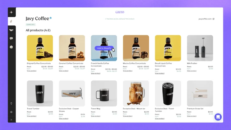 Carro Shopify app in use on a product page, featuring buttons to add products to your Shopify store