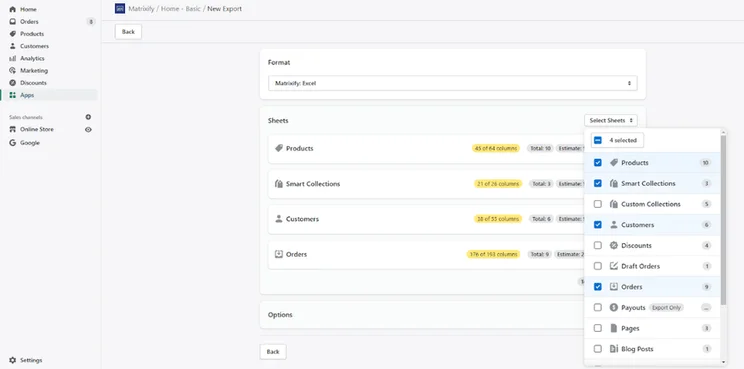 Backend view of exported store data using Matrixify