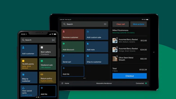 Dashboard overview of Shopify's Point of Sale app from a tablet and mobile phone view