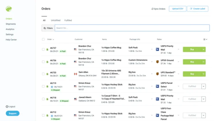 List of orders within the Shippo Shopify app, demonstrating how you can manage all of your shipping in one place