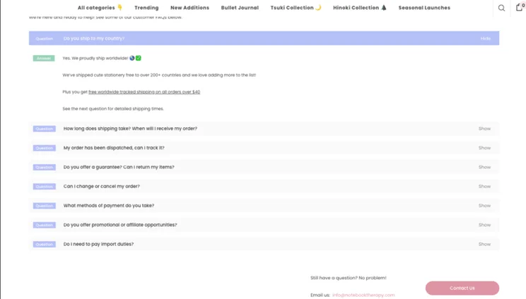 List of FAQs on Notebook Therapy, including a button to contact them for additional questions