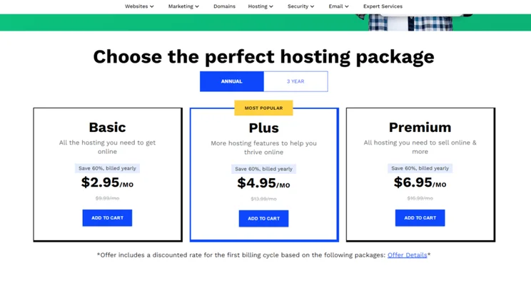 Webcom's three hosting plans in blue squares with an option to add to cart