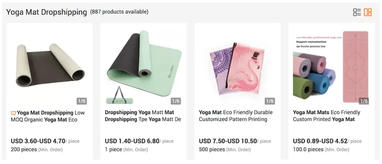 Yoga mats product pages that are able to be dropshipped