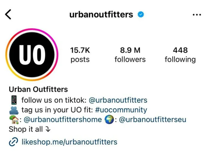 Urban Outfitters' Instagram bio with black logo as profile picture