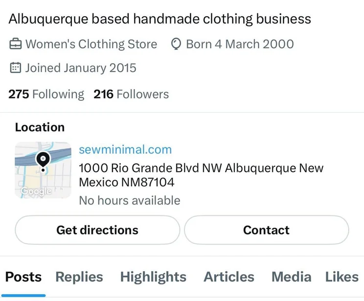 Location underneath an X bio for an Albuquerque based handmade clothing business
