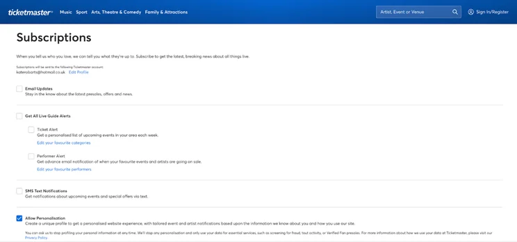 An email from ticketmaster with subscription tickboxes