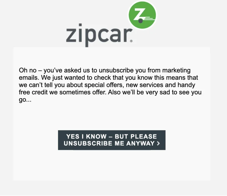 An unsubscribe email from Zipcar