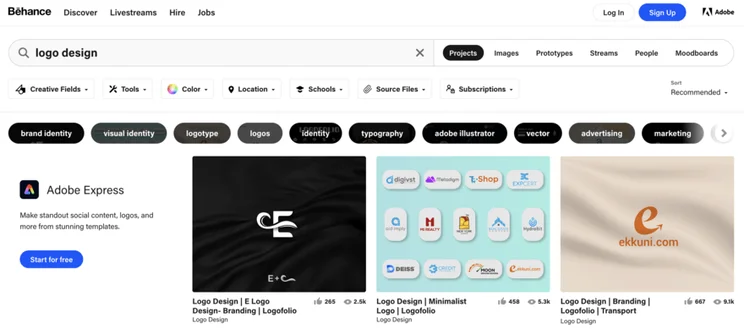 Behance's logo design search with different graphic designers