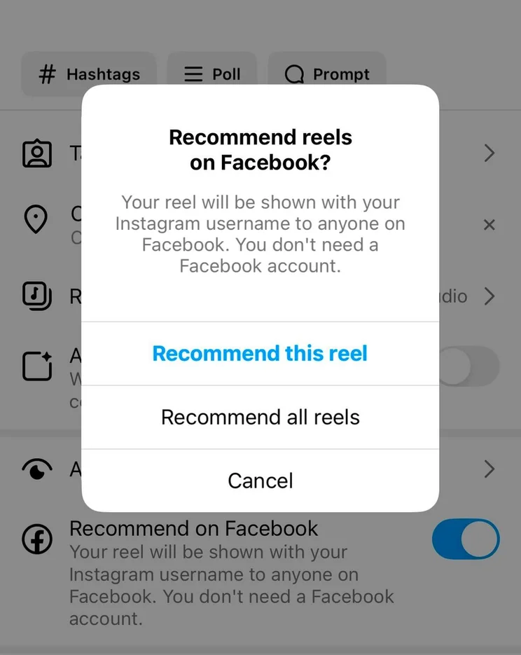Pop up explaining the recommended on Facebook feature