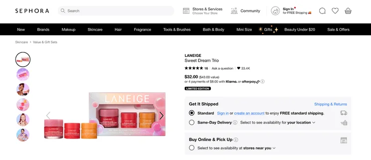 Product page on Sephora of the Laneige Sweet Dream Trio with shipping information