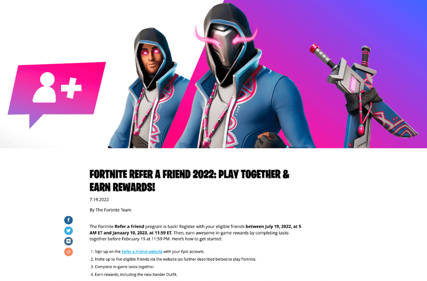 Fortnite blog post explaining its referral program