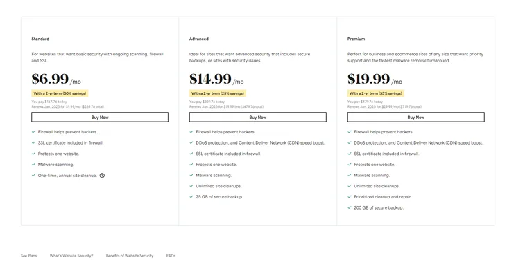 trio of prices and summaries of security plans for GoDaddy