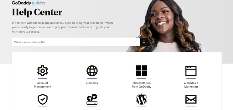 GoDaddy help center page showing a search bar and the different support categories