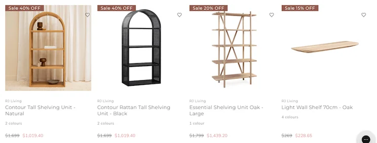 Storefront featuring four wooden shelves for sale