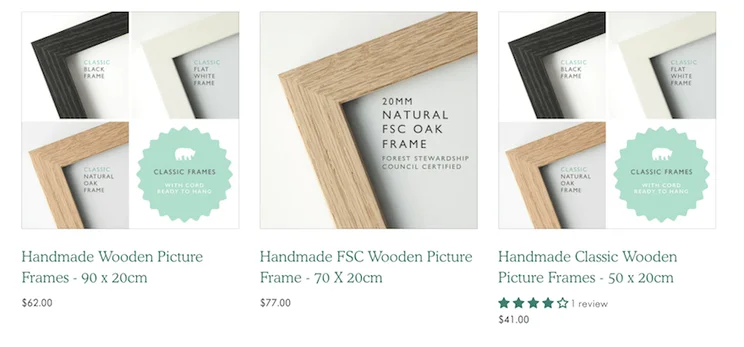 3 product images of wooden picture frames
