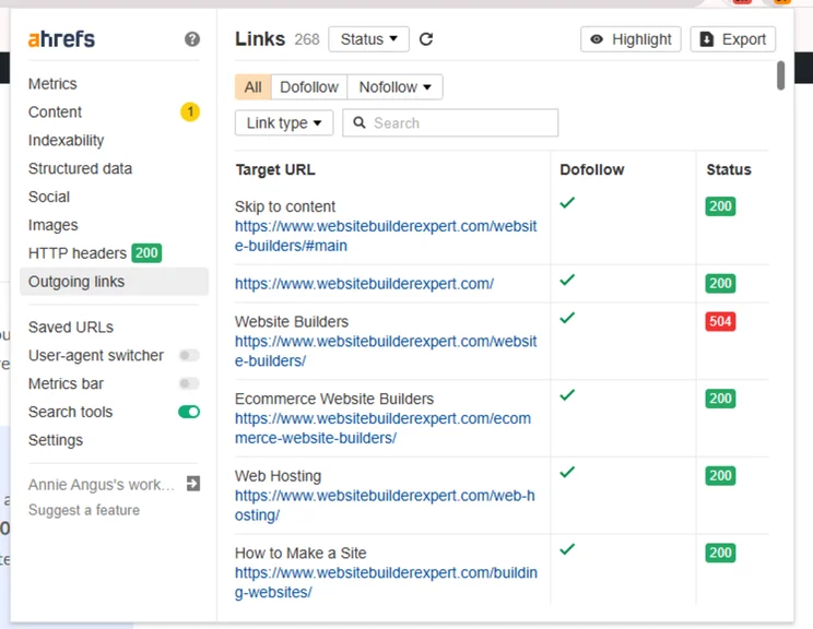 Toolbar popup on the tab "outgoing links"