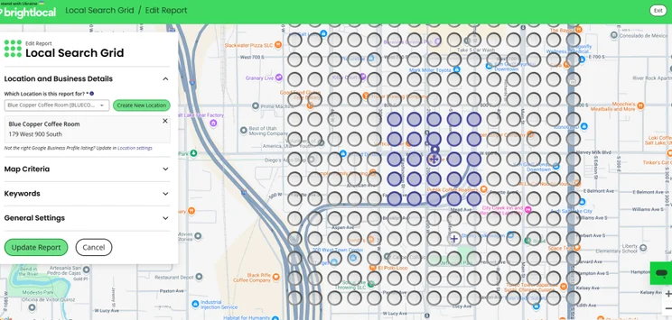 Local grid search showing the Google map view of the area surrounding my store