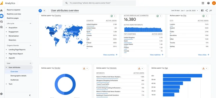 Google Analytics user attributes overview with various blue graphs and data