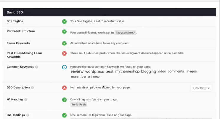 Rank Math Basic SEO report