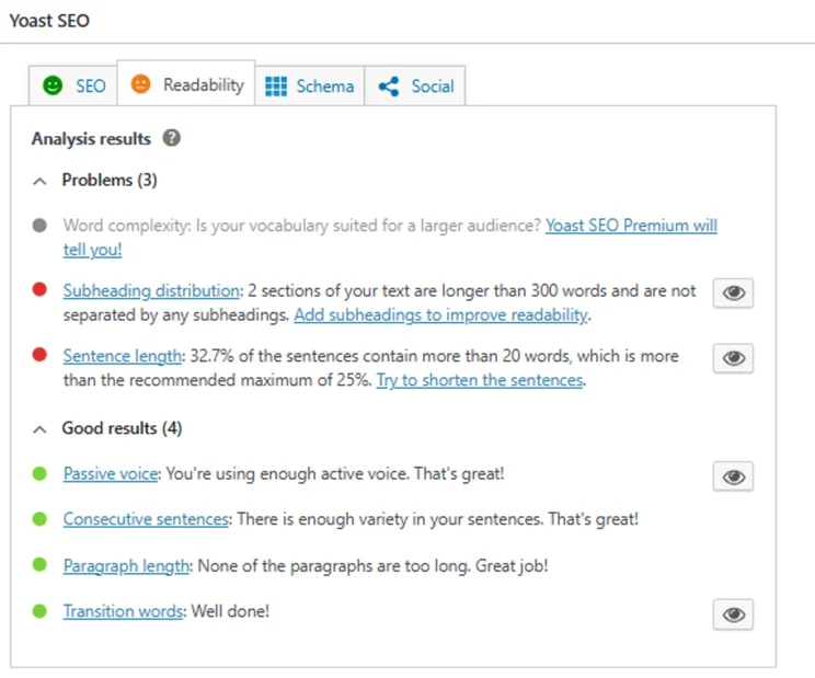 readability scores for an an article showing problems and good results