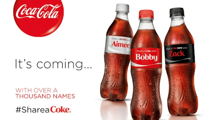 Coca Cola&rsquo;s Share a Coke showing coke bottles with different names on the labels