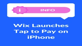 Blue background with "Wix Launches Tap to Pay on iPhone" in white text