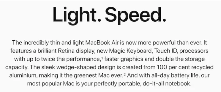 Light Speed Apple ad, simple text on white background