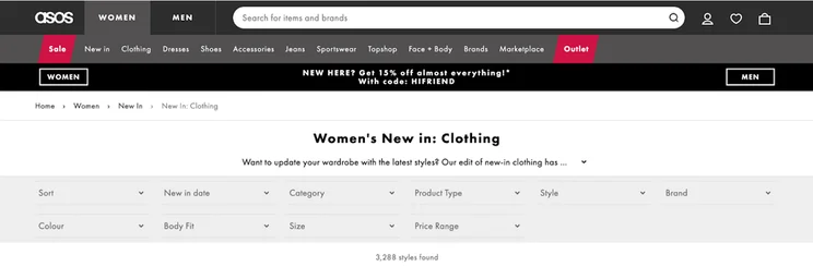 ASOS Women's New In Clothing shopping page showing navigation, search bar, and filters