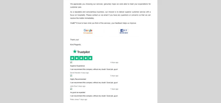 email requesting feedback after repairing a watch