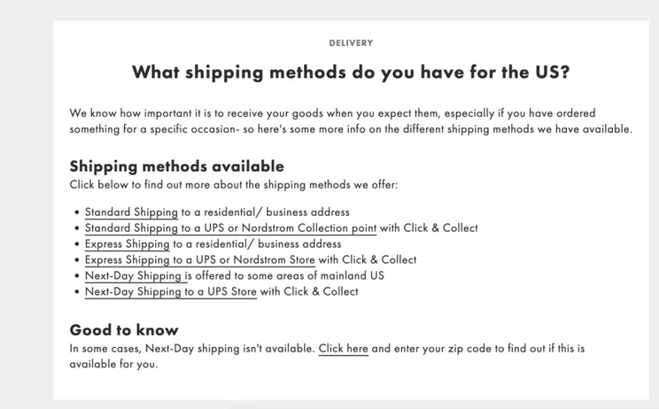 An ASOS FAQ detailing the shipping methods available in the US