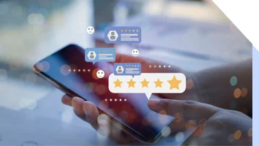 Floating images of reviews and star ratings above a mobile phone