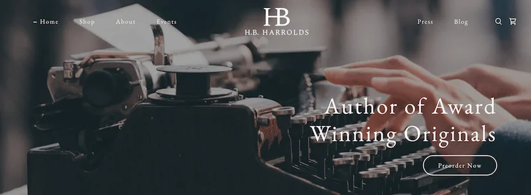 H.B. Harrolds template by GoDaddy, featuring a large background image of a typewriter with white text in front